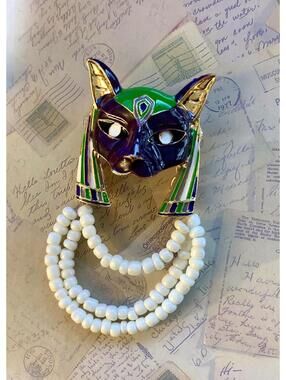 Egyptian Bastet Cat Enamel Statement Brooch White Beaded Fringe Golden Accessory